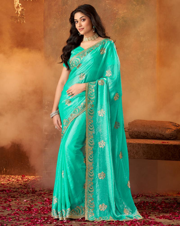 Vishal Prints Aqua Green Fancy Satin Saree With Embroidery-Zari Butta And Cut Work Border