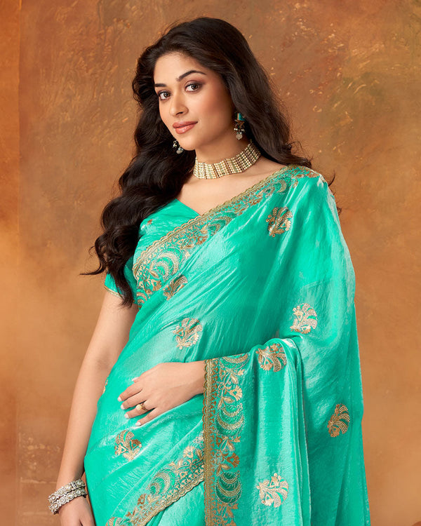 Vishal Prints Aqua Green Fancy Satin Saree With Embroidery-Zari Butta And Cut Work Border