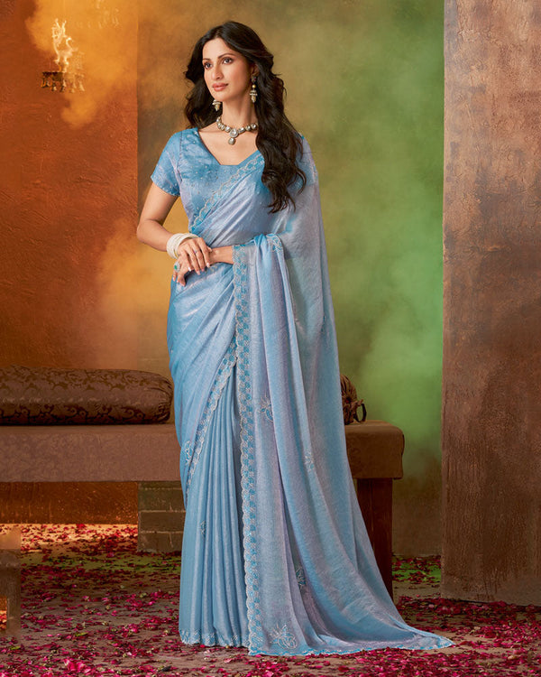 Vishal Prints Glacier Blue Fancy Chiffon Swarovski Work Saree With Cut Work Border