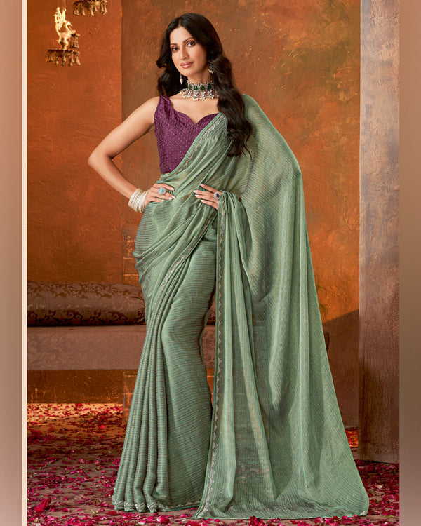 Vishal Prints Sage Green Patterned Chiffon Swarovski Work Saree With Cut Dana-Jarkan Border