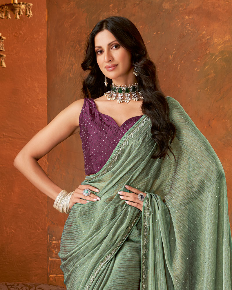 Vishal Prints Sage Green Patterned Chiffon Swarovski Work Saree With Cut Dana-Jarkan Border