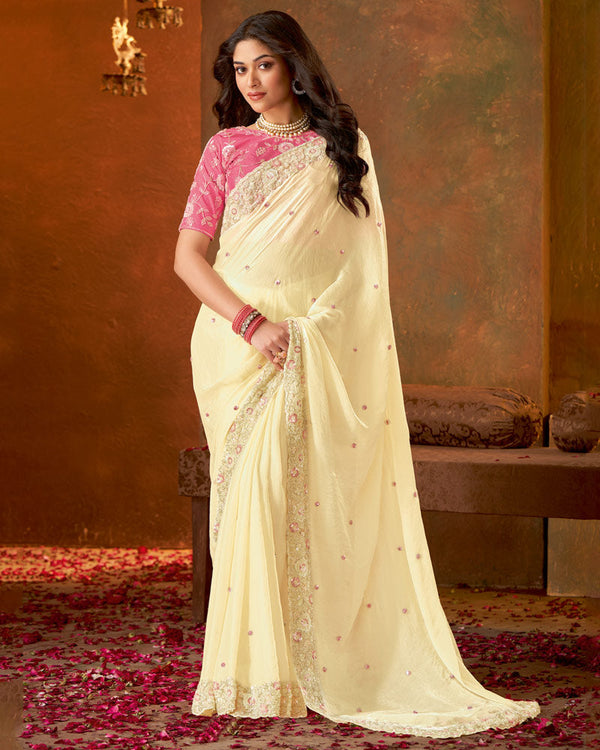 Vishal Prints Light Pastel Yellow Fancy Satin 4 Sequence Embroidery Work Saree With Moti-Cut Dana Border