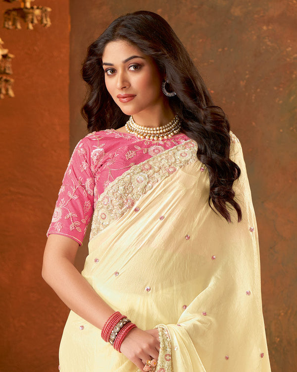 Vishal Prints Light Pastel Yellow Fancy Satin 4 Sequence Embroidery Work Saree With Moti-Cut Dana Border