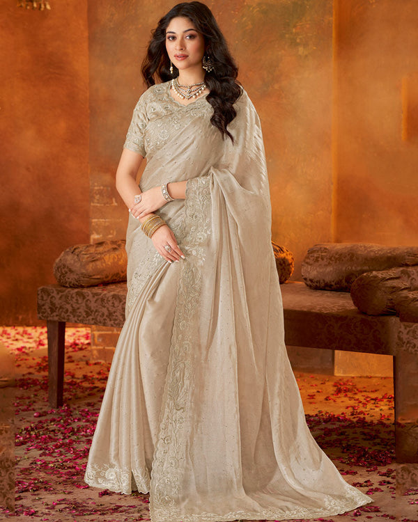 Vishal Prints Pastel Taupe Fancy Chiffon Saree With Embroidery-Foil Work And Swarovski Cut Work Border