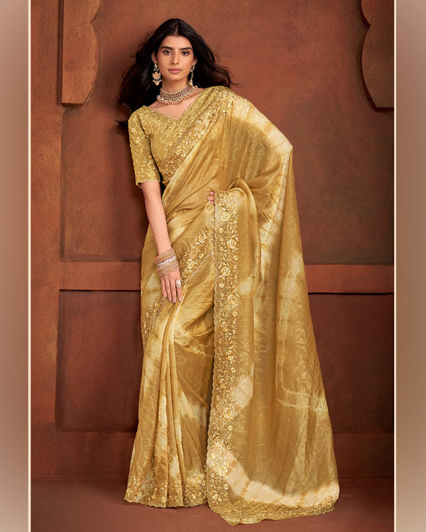 Vishal Prints Sand Beige Crushed Zari Chiffon Swarovski-Embroidery Work Saree With Cut Work Border