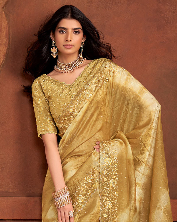 Vishal Prints Sand Beige Crushed Zari Chiffon Swarovski-Embroidery Work Saree With Cut Work Border