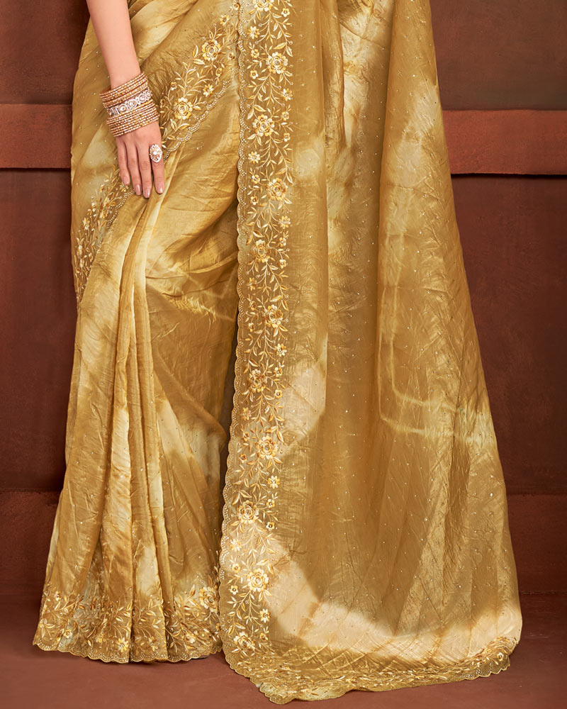 Vishal Prints Sand Beige Crushed Zari Chiffon Swarovski-Embroidery Work Saree With Cut Work Border