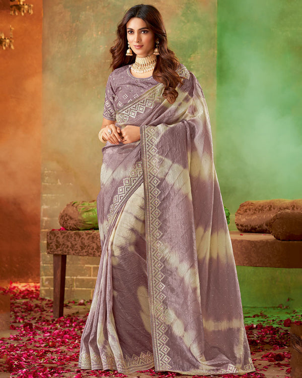 Vishal Prints Dusty Purple Crushed Zari Chiffon Batik Print Saree With Diamond Work And Embroidery Border