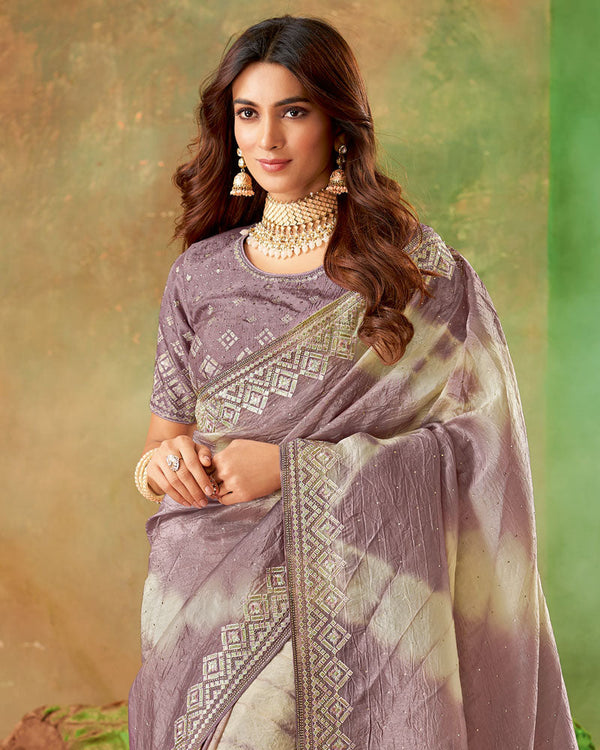 Vishal Prints Dusty Purple Crushed Zari Chiffon Batik Print Saree With Diamond Work And Embroidery Border