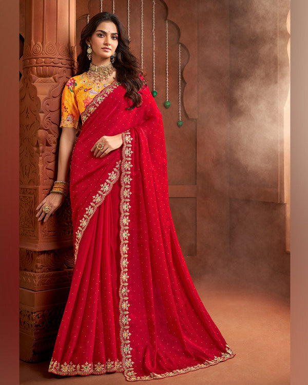 Vishal Prints Cherry Red Fancy Satin Swarovski-Embroidery Work Saree With Cut Work Embroidery Border