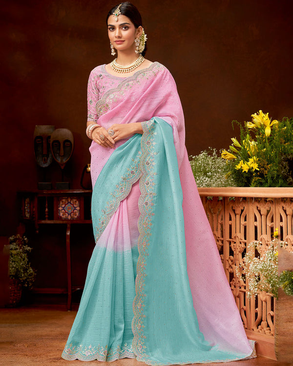 Vishal Prints Dusty Pink Crushed Chiffon Saree With Embroidery-Swarovski Work And Cut Work Border