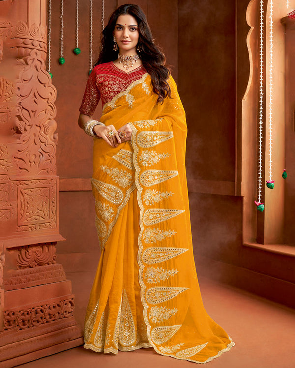 Vishal Prints Dark Orange Organza Saree With Embroidery Work And Cut Work Border