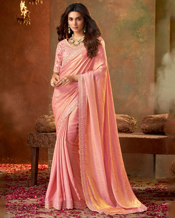 Vishal Prints Peach Fancy Satin Swarovski Work Saree With Embroidery Cut Work Border