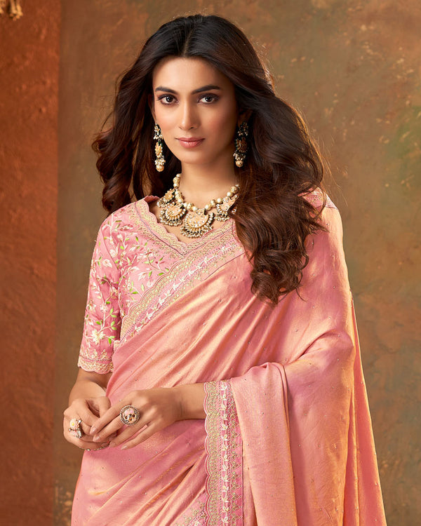 Vishal Prints Peach Fancy Satin Swarovski Work Saree With Embroidery Cut Work Border