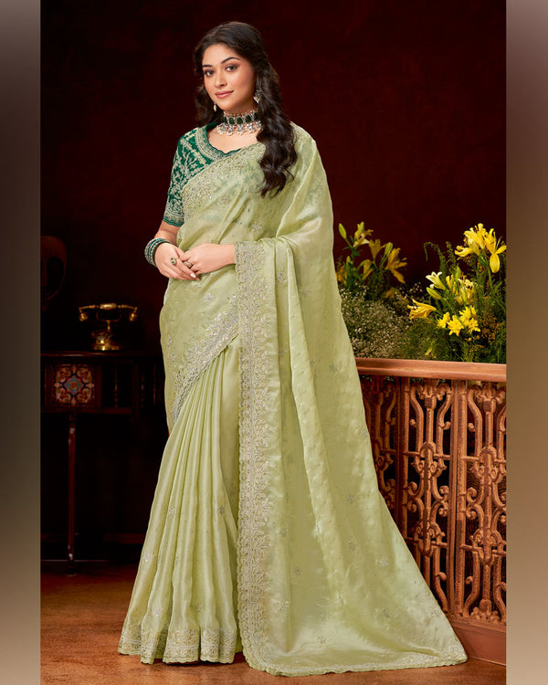 Vishal Prints Pastel Mehandi Green Patterned Chiffon Saree With Embroidery-Foil Work And Cut Work Swarovski Border