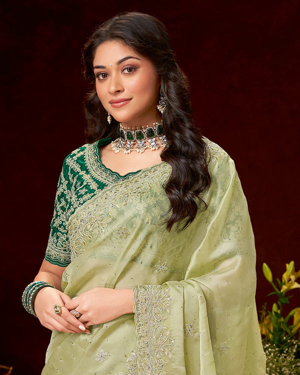 Vishal Prints Pastel Mehandi Green Patterned Chiffon Saree With Embroidery-Foil Work And Cut Work Swarovski Border