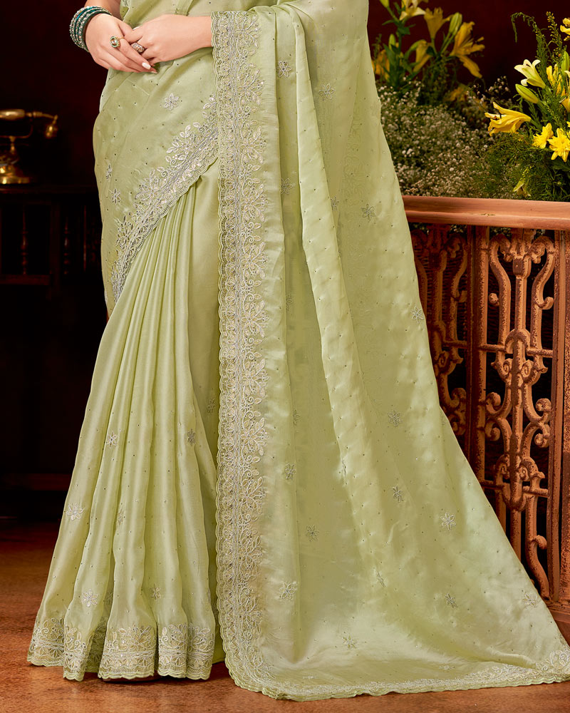 Vishal Prints Pastel Mehandi Green Patterned Chiffon Saree With Embroidery-Foil Work And Cut Work Swarovski Border