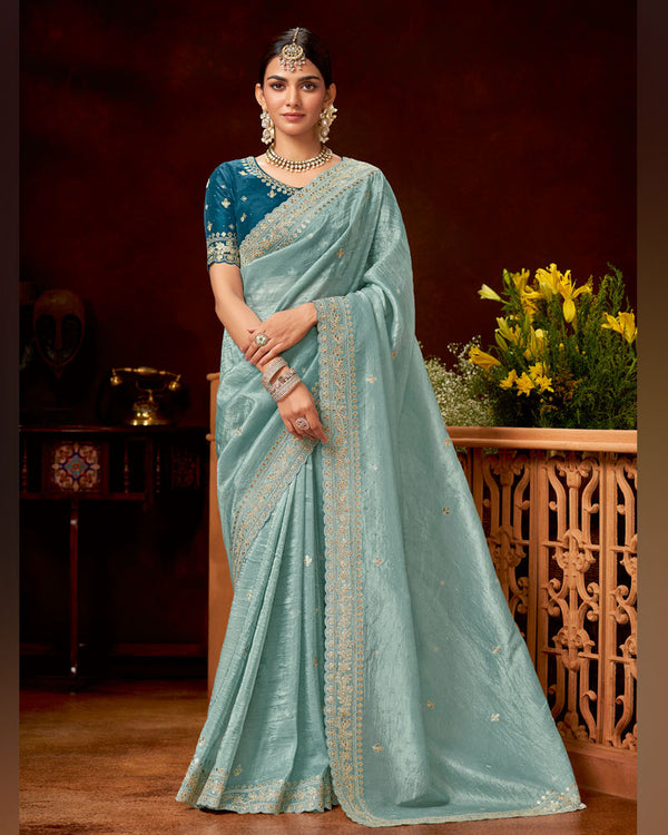 Vishal Prints Bluish Grey Crushed Zari Chiffon Saree With Embroidery-Foil Work And Cut Work Swarovski Border