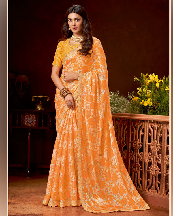 Vishal Prints Carrot Orange Fancy Satin Bandhani Print Saree With Embroidery Work And Swarovski Cut Work Border