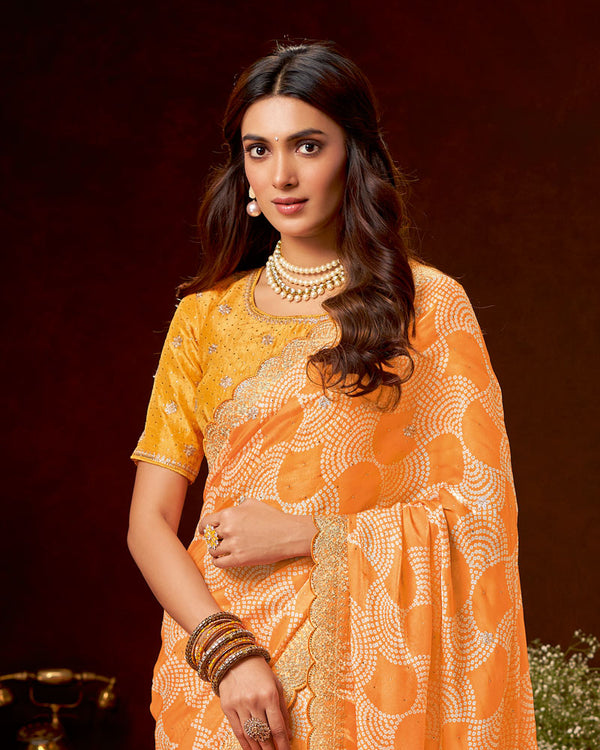 Vishal Prints Carrot Orange Fancy Satin Bandhani Print Saree With Embroidery Work And Swarovski Cut Work Border