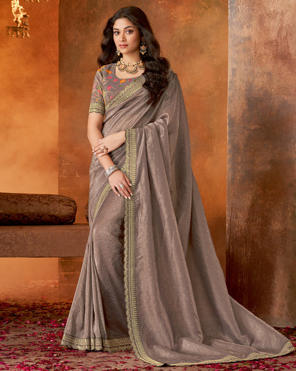 Vishal Prints Dorado Brown Crushed Zari Chiffon Swarovski Work Saree With Embroidery Cut Work Border