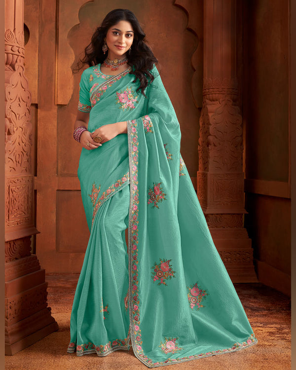 Vishal Prints Aqua Green Patterned Crushed Chiffon Saree With Embroidery Butta And Embroidery Cut-Dana Border