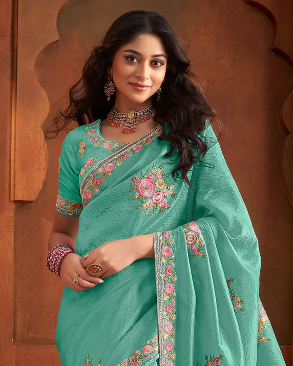 Vishal Prints Aqua Green Patterned Crushed Chiffon Saree With Embroidery Butta And Embroidery Cut-Dana Border