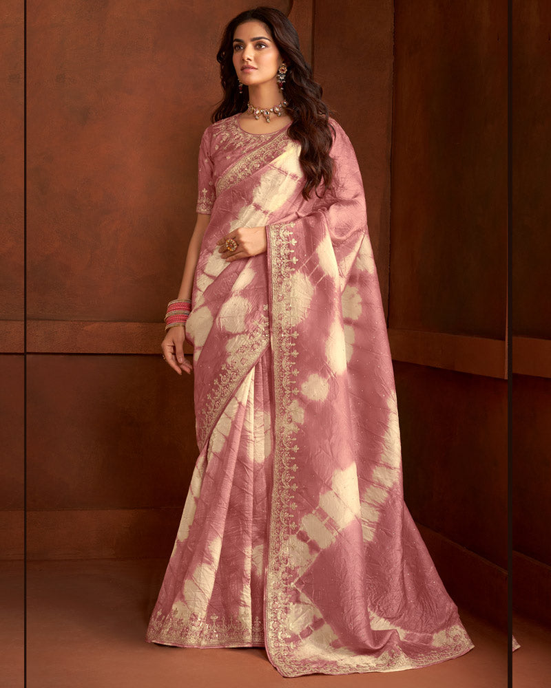 Vishal Prints Dusty Pink Crushed Zari Chiffon Batik Print Saree With Swarovski Work And Embroidery Border