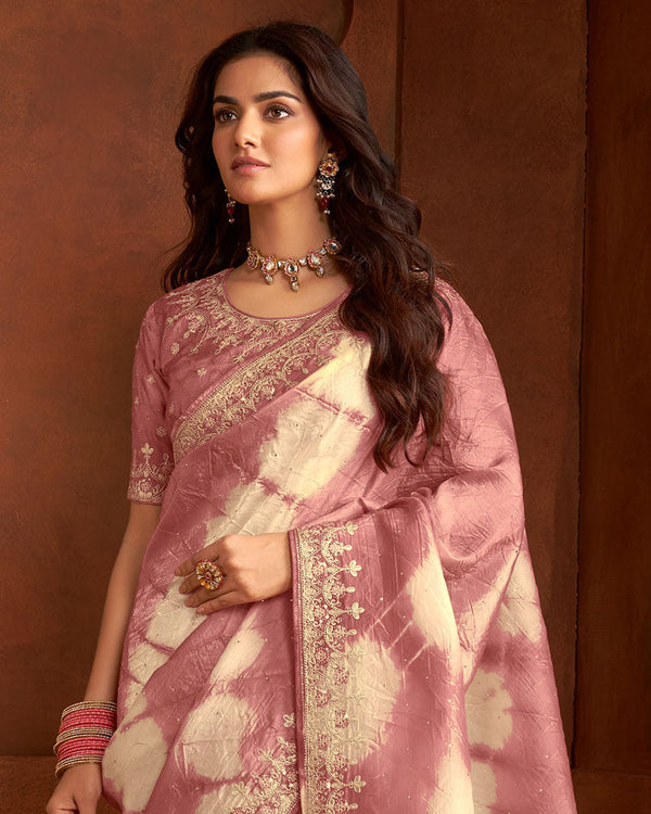 Vishal Prints Dusty Pink Crushed Zari Chiffon Batik Print Saree With Swarovski Work And Embroidery Border