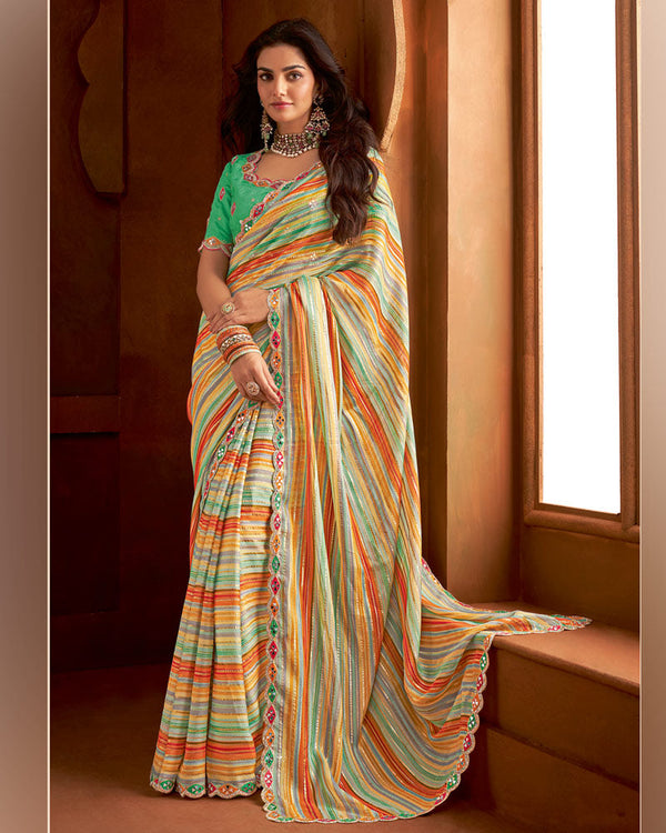 Vishal Prints Multi Color Pure Zari Chiffon Saree With Zari Lining And Embroidery Cut Work Border