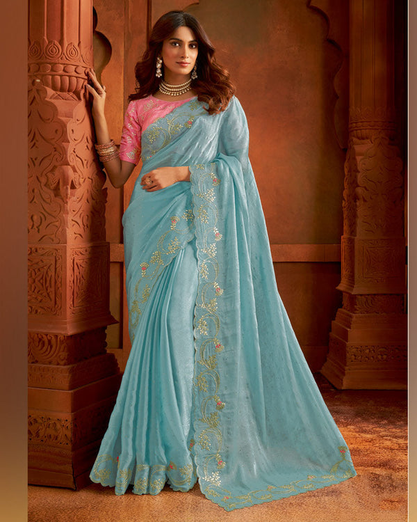 Vishal Prints Pastel Steel Blue Fancy Satin Embroidery Work Saree With Swarovski Cut Work Border