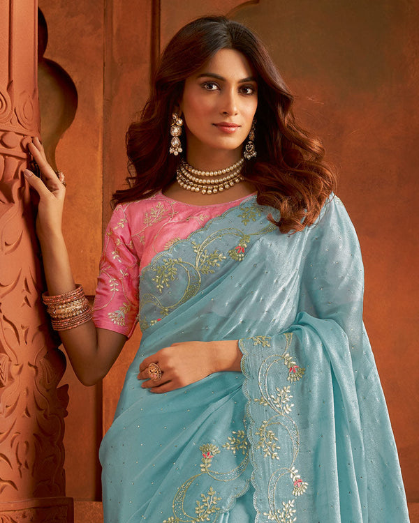 Vishal Prints Pastel Steel Blue Fancy Satin Embroidery Work Saree With Swarovski Cut Work Border