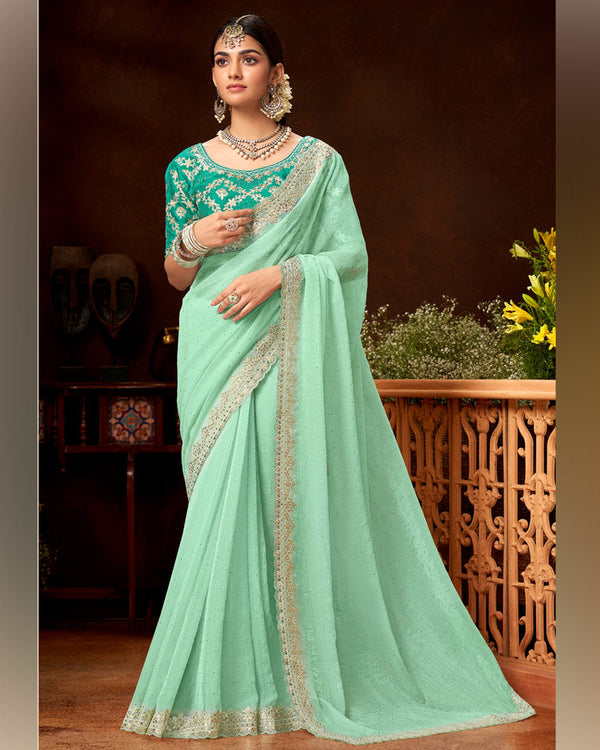 Vishal Prints Sea Green Crushed Fancy Chiffon Swarovski Work Saree With Embroidery-Foil Cut Work Border