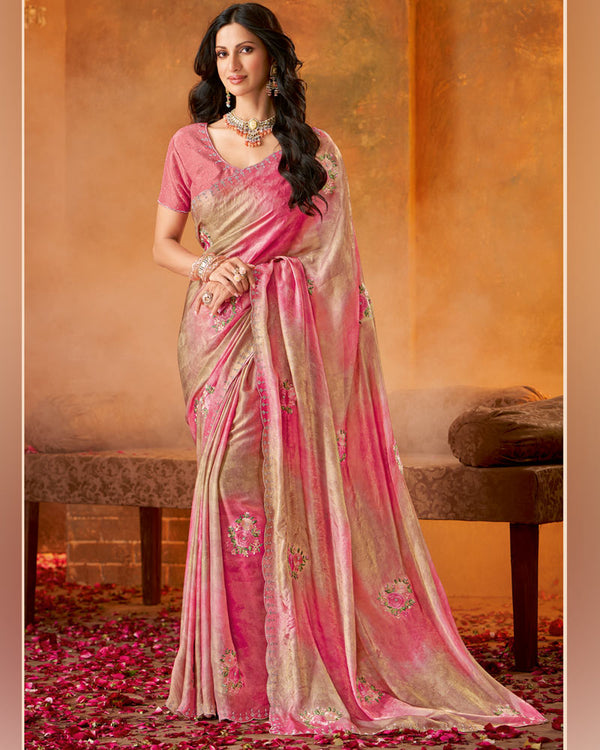 Vishal Prints Carmine Pink Fancy Satin Embroidery Work Saree With Jarkan Cut Work Border