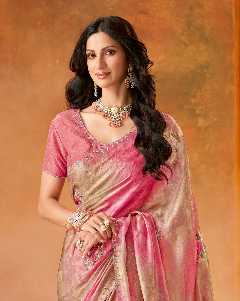 Vishal Prints Carmine Pink Fancy Satin Embroidery Work Saree With Jarkan Cut Work Border