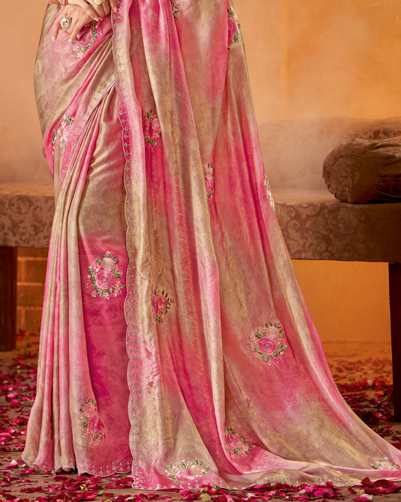 Vishal Prints Carmine Pink Fancy Satin Embroidery Work Saree With Jarkan Cut Work Border