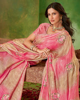 Vishal Prints Carmine Pink Fancy Satin Embroidery Work Saree With Jarkan Cut Work Border