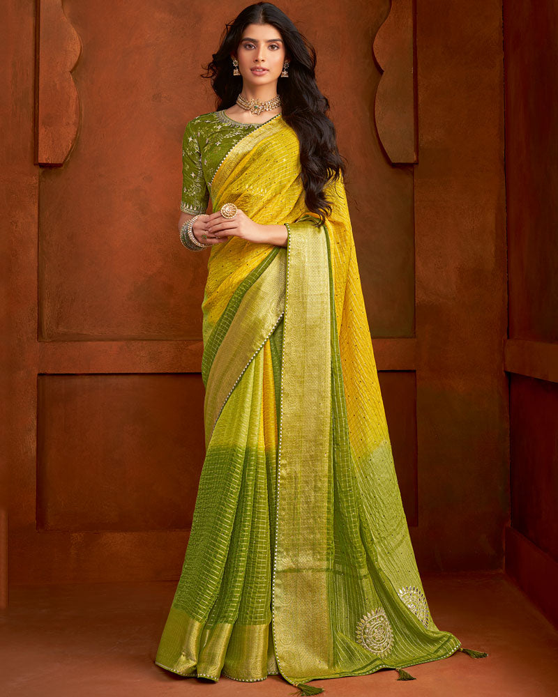 Vishal Prints Golden Yellow Pure Viscose Embroidery-Gota Patti Work Saree With Zari Weaving And Tassel