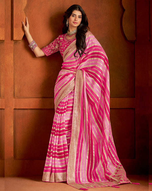 Vishal Prints Deep Cerise Pink Pure Viscose Zari Weaving And Zari Lining Saree With Border And Tassel