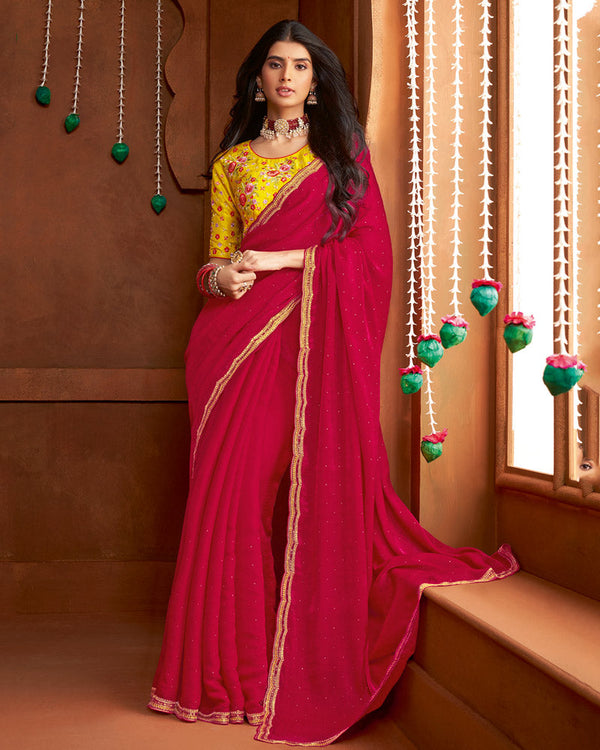 Vishal Prints Lipstick Red Fancy Satin Cut Dana-Swarovski Work Saree With Cut Work Border