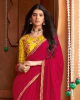 Vishal Prints Lipstick Red Fancy Satin Cut Dana-Swarovski Work Saree With Cut Work Border