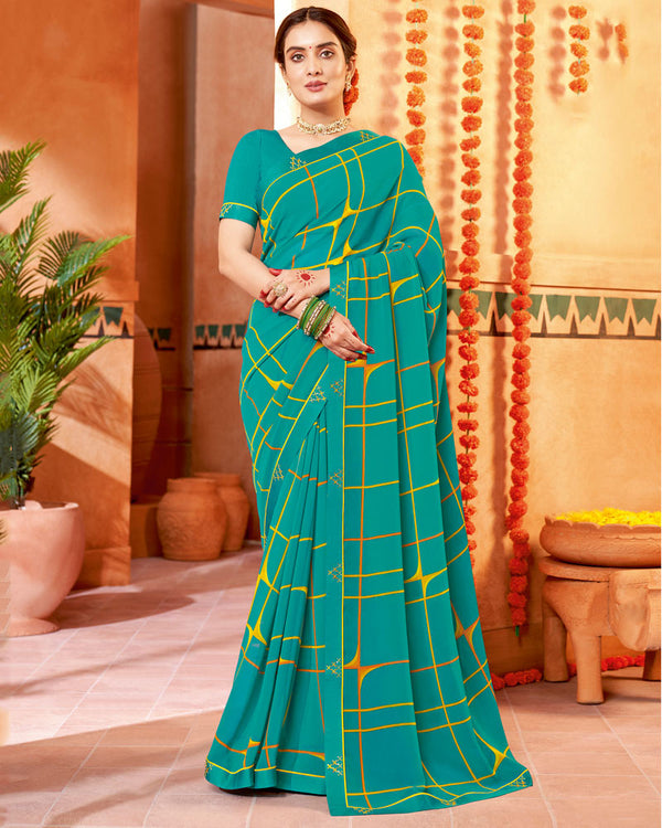 Vishal Prints Teal Blue Printed Georgette Saree With Fancy Border