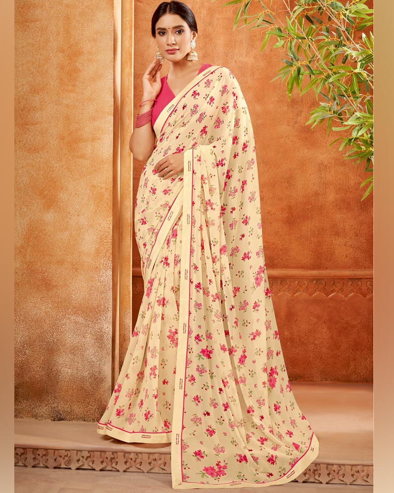 Vishal Prints Peach Yellow Printed Georgette Saree With Fancy Border