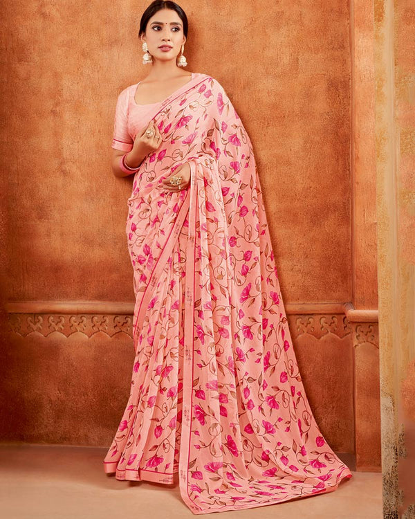 Vishal Prints Pastel Pink Printed Georgette Saree With Fancy Border