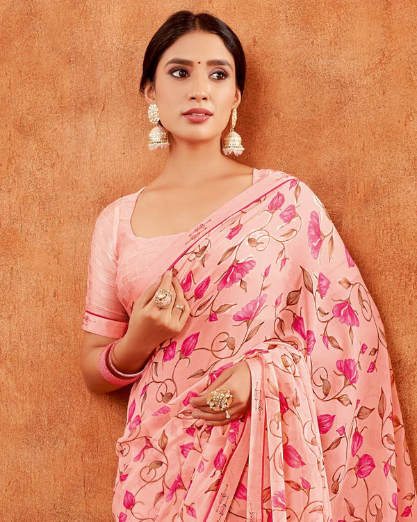 Vishal Prints Pastel Pink Printed Georgette Saree With Fancy Border