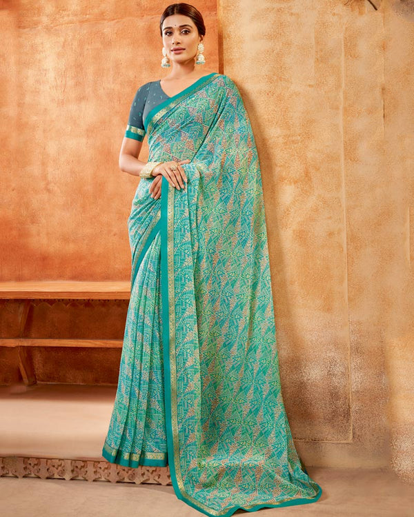 Vishal Prints Teal Blue Printed Georgette Saree With Fancy Border