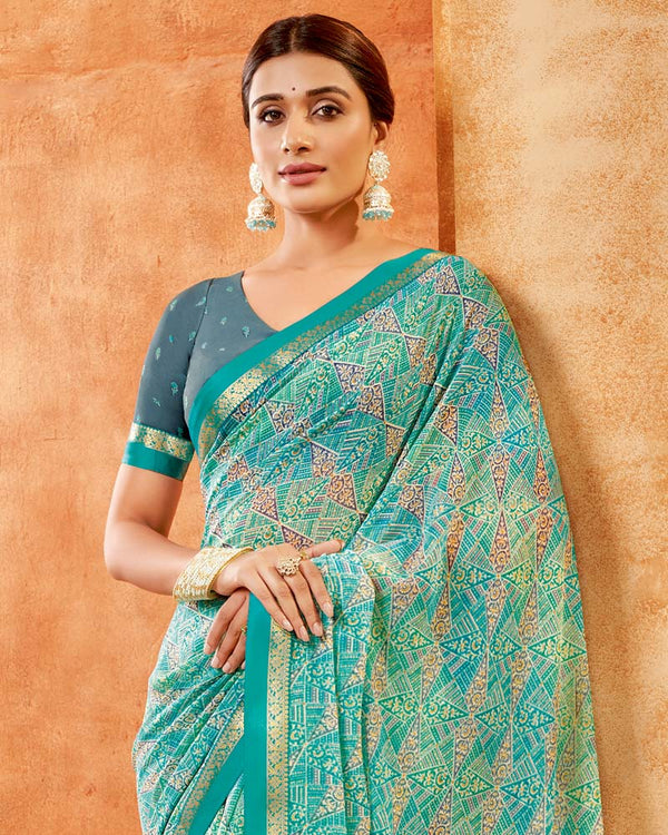 Vishal Prints Teal Blue Printed Georgette Saree With Fancy Border