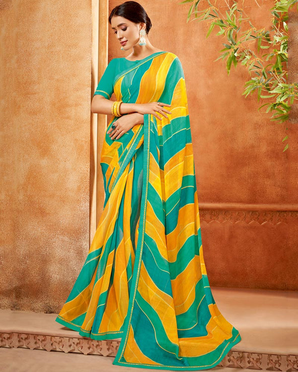 Vishal Prints Aqua Green Printed Georgette Saree With Fancy Border