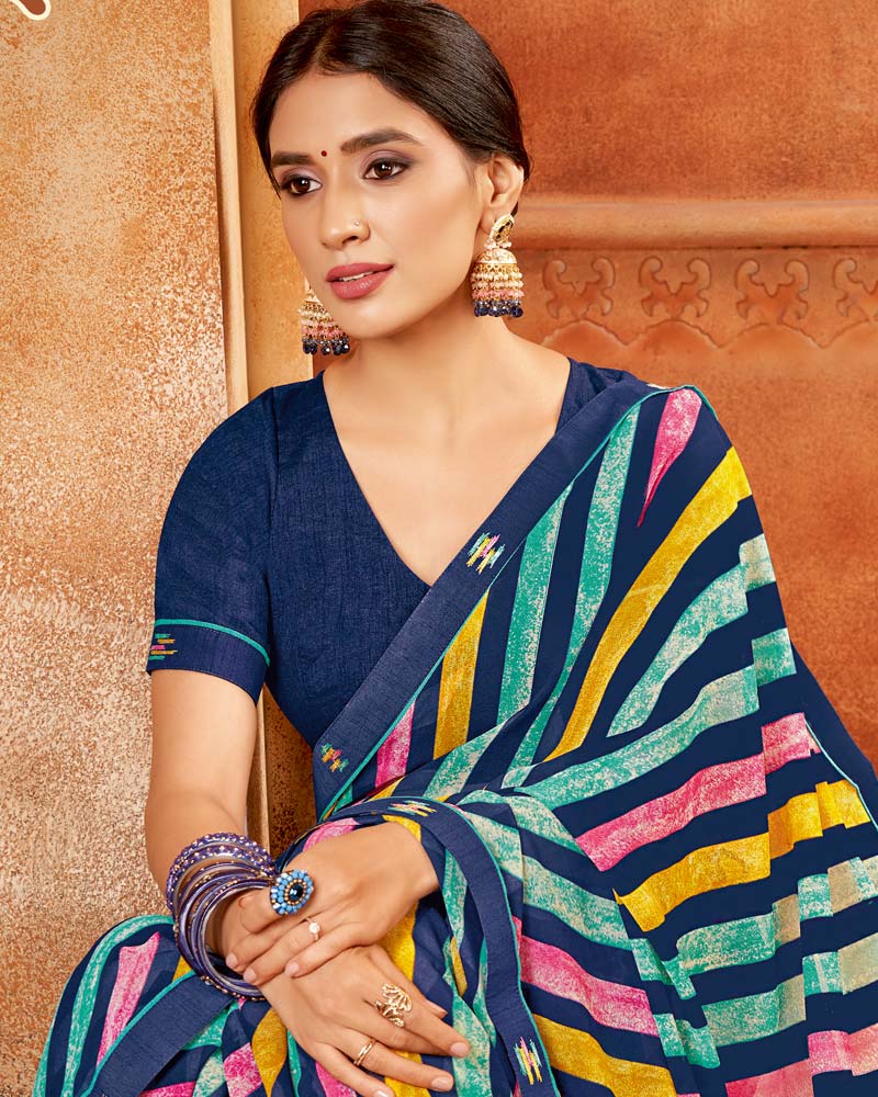 Vishal Prints Navy Blue Printed Georgette Saree With Fancy Border