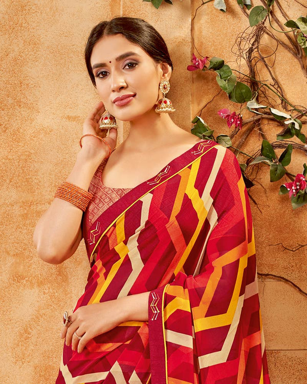 Vishal Prints Burgundy Printed Georgette Saree With Fancy Border